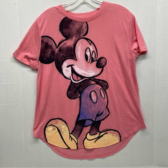 Disney Mickey Mouse Juniors XL/15-17 Chalk Print Tee Shirt Pink Short Sleeve Fun - Picture 1 of 7